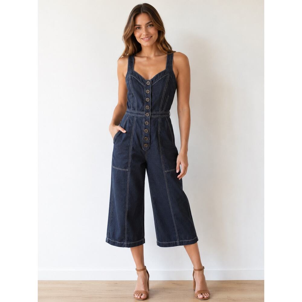 Ulla Johnson Denim Jumpsuit Womens Wide Leg Cropped Button Front Contrast Stitch